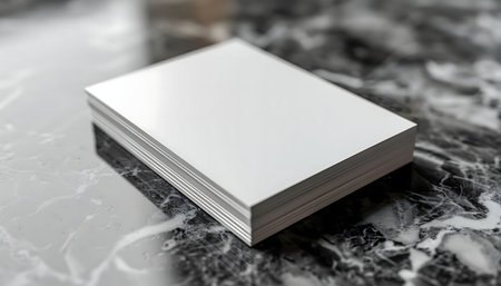 A stack of blank white papers sits on a marble surface. Clean and simple design.の写真素材