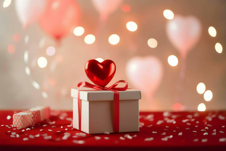 A white gift box with a red heart sits on a red surface with confetti. Balloons and lights create a romantic atmosphere.の写真素材