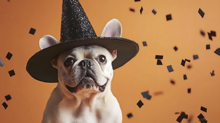 A cute French Bulldog dons a witch's hat, surrounded by falling confetti. Perfect Halloween picture.の写真素材