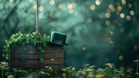 A magical St. Patrick's Day scene featuring a rustic wooden swing adorned with shamrocks and a leprechaun hat.の写真素材