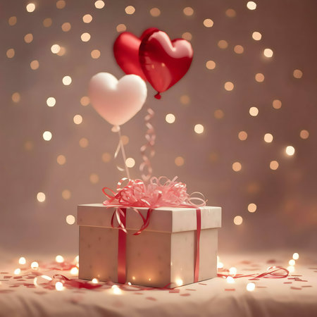 A white gift box tied with a pink ribbon, adorned with heart-shaped balloons and sparkling lights, ideal for a Valentine's Day surprise.の写真素材