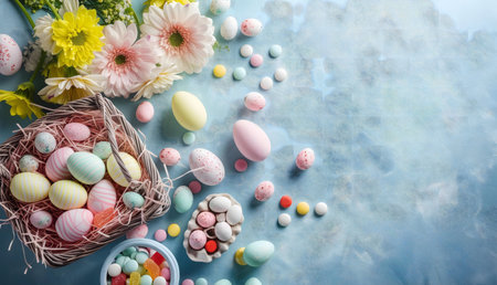 A delightful Easter scene with pastel eggs, flowers, and candy. Perfect for spring celebrations.