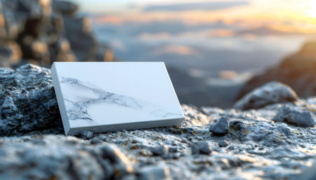 A white marble box rests on a rocky mountain peak. Sunset colors fill the background.の写真素材