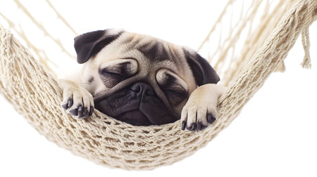 A cute pug dog sleeps peacefully in a beige hammock. Relaxation and serenity.の写真素材