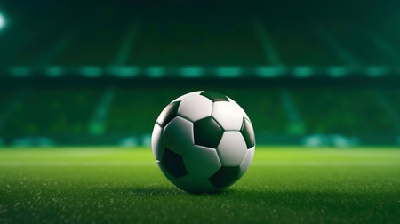 A single soccer ball rests on the green field of a stadium at night. The stadium lights blur in the background.の写真素材