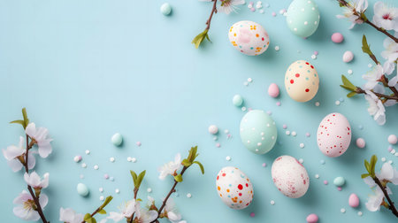 Pastel Easter eggs, spring blossoms, and candy create a delightful springtime scene.の写真素材