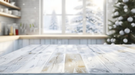 White wooden table in a winter kitchen, blurred Christmas tree and snowy window view.の写真素材