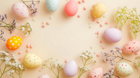 A delightful Easter arrangement featuring pastel-colored eggs and delicate flowers. Perfect for festive backgrounds.の写真素材