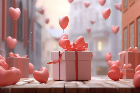 A charming Valentine's Day scene featuring a gift box adorned with heart-shaped balloons. A romantic and dreamy atmosphere is created in a beautiful cityscape.の写真素材