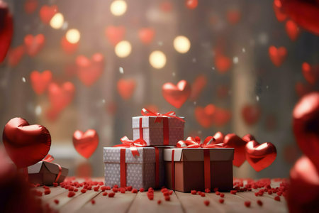 Three gifts with red ribbons, surrounded by falling red hearts. A perfect Valentine's Day scene.