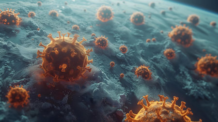 Close-up of a coronavirus infecting cells.の写真素材