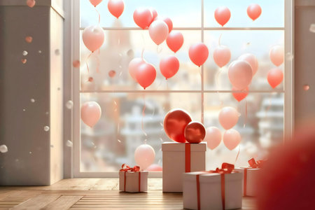 Pink and red balloons float near gifts by a window.の写真素材