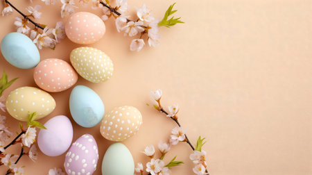 Pastel Easter eggs decorated with polka dots, surrounded by delicate spring blossoms. Perfect for...