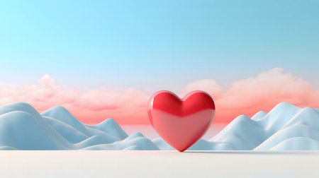A 3D rendered image of a red heart against a backdrop of pastel mountains and a serene sky. Evokes feelings of peace and love.の写真素材