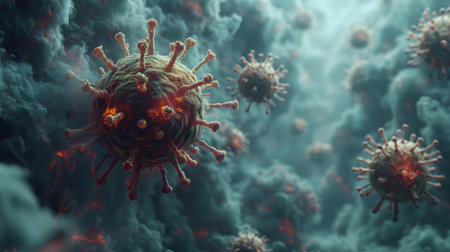 A 3D rendering of a COVID-19 virus in a dark smoky environment.の写真素材