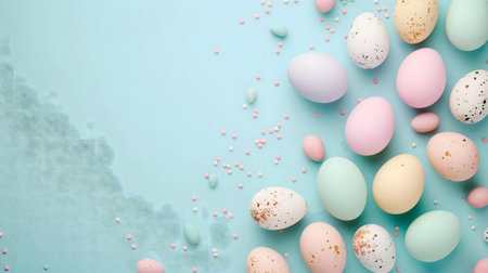 Pastel colored Easter eggs and sprinkles on a light blue background. Perfect for Easter cards or decorations.の写真素材