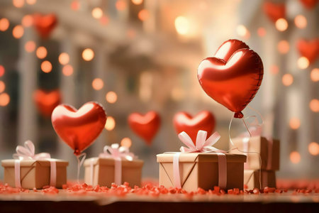 Heart-shaped balloons float above gifts, creating a romantic Valentine's Day scene. Festive lights add a magical touch.の写真素材