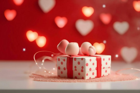 A small gift box decorated with pink hearts sits on a table against a background of blurred red hearts and lights. Perfect for Valentine's Day.の写真素材