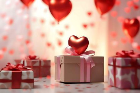 A beige gift box with a red heart on top, surrounded by red balloons and confetti. Perfect for Valentine's Day!の写真素材