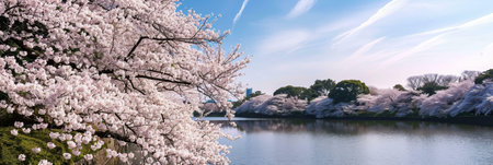 Stunning view of cherry blossoms in full bloom, their delicate petals reflected in the still lake water. A perfect spring scene.の写真素材