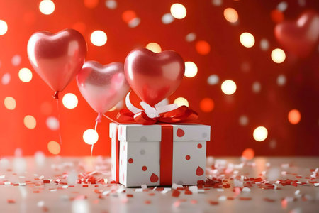 A romantic Valentine's Day scene with heart-shaped balloons and a beautifully wrapped gift.