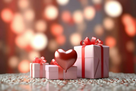 Three pink gifts with red ribbons and a heart-shaped balloon, perfect for a romantic Valentine's Day celebration.の写真素材