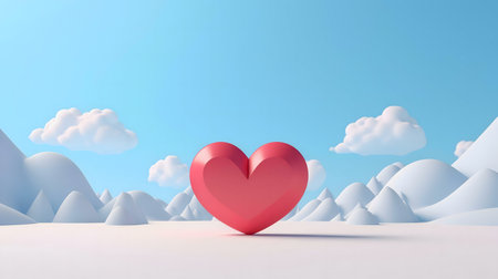 A pink heart sits in a minimalist 3D landscape with soft pastel mountains and clouds. Evokes feelings of peace and love.の写真素材