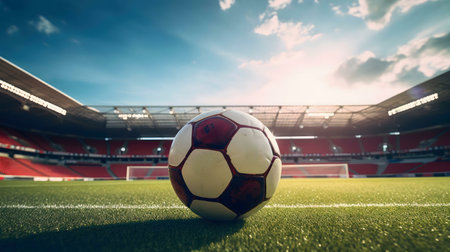 A soccer ball sits on the green grass of a large stadium. The sun shines brightly, casting a warm glow over the scene.