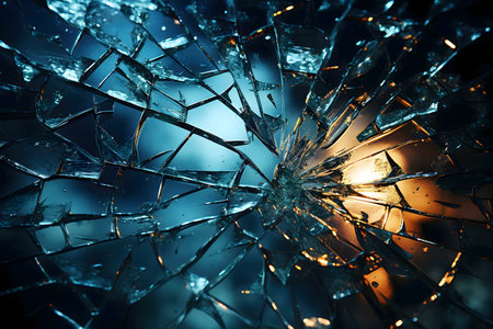 Close-up of shattered glass, showing intricate patterns of fractured light and dark. The image...