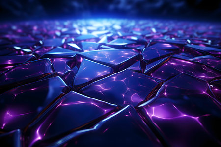 A digital artwork depicting a fractured surface with vibrant purple and blue hues. It showcases a glossy texture with a futuristic feel.の写真素材