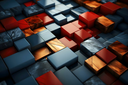 A captivating abstract image featuring a dense array of glossy cubes in various shades of red, blue,...