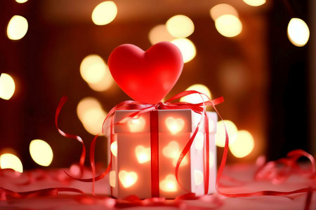 A white gift box adorned with red ribbon and a heart-shaped balloon, surrounded by warm lights, perfectly captures the essence of Valentine's Day.の写真素材