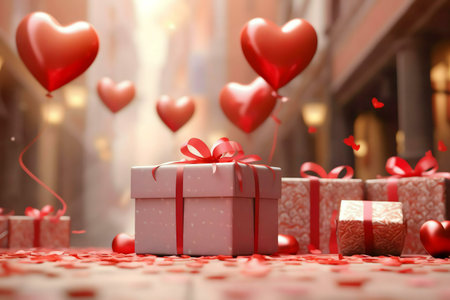 A scene with presents and heart-shaped balloons, perfect for Valentine's Day.の写真素材