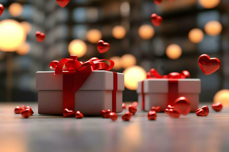 White gifts with red ribbons and hearts. Romantic setting.
