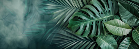 Dark green tropical leaves background. Lush monstera and palm foliage.の写真素材