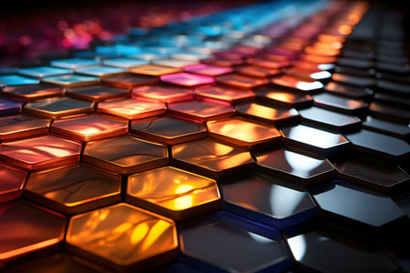 Close-up view of a vibrant hexagon pattern. Shiny, reflective surfaces create a dynamic and modern abstract design.の写真素材