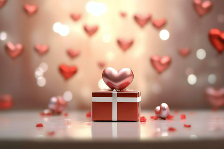 A red gift box topped with a pink heart against a bokeh background of hearts. Perfect for...