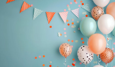 A festive image featuring pastel balloons, confetti, and. Perfect for birthday celebrations!の写真素材