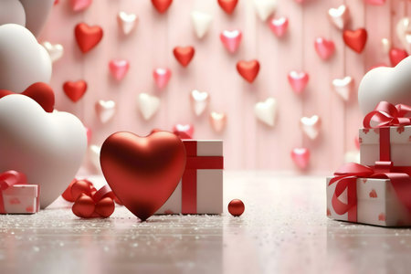 A romantic Valentine's Day scene with red and white hearts, gifts, and a pink background. Perfect for cards and designs.の写真素材
