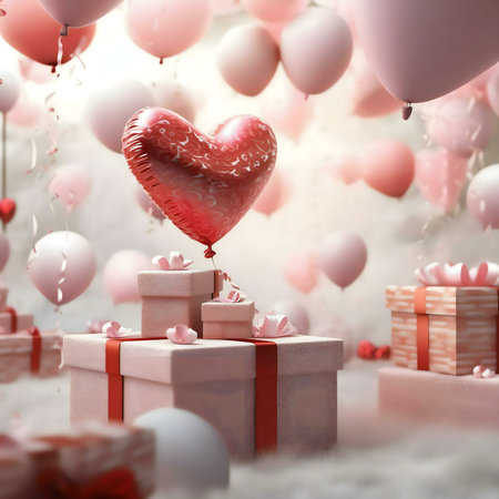 A heart-shaped balloon floats above pink gifts, creating a romantic and festive Valentine's Day scene.の写真素材