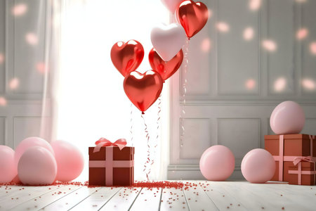 Heart-shaped balloons, pink and red, float near gifts in a romantic setting.の写真素材