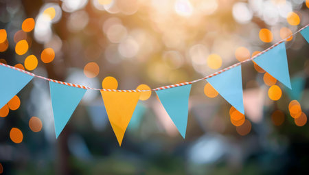 Colorful flags hanging outdoors, creating a festive and joyful atmosphere.の写真素材
