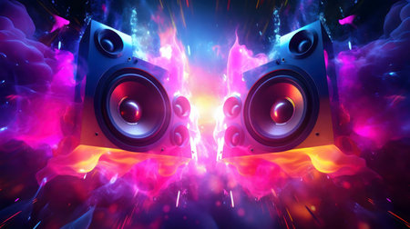 Two speakers in a vibrant cosmic explosion of neon colors. A dynamic and powerful visual of music...