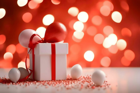 A white gift box with red and white balloons on a red bokeh background.