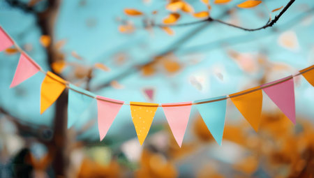 Colorful strings between tree branches, creating a festive atmosphere. Autumn leaves blur in the background.の写真素材