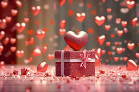 A red heart-shaped gift box sits amidst a flurry of falling hearts, creating a romantic Valentine's Day scene.の写真素材