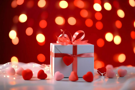 A white gift box tied with a red ribbon sits on a table surrounded by small hearts against a background of red bokeh lights, perfect for Valentine's Day.の写真素材