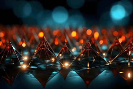 Glowing pyramids reflect in a dark blue surface, creating a stunning digital art piece. The vibrant orange and blue contrast beautifullyの写真素材