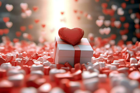 A white gift box adorned with a red heart sits amidst a scattering of smaller hearts, creating a romantic and festive atmosphere. Perfect for Valentines!の写真素材