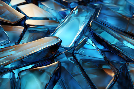 Close-up view of digitally rendered blue glass fragments. Abstract and vibrant.の写真素材